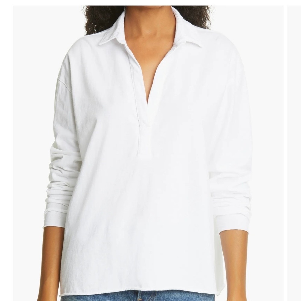 Frank & Eileen Patrick Popover Henley Top Long Sleeve Raw Edge Hem White Large